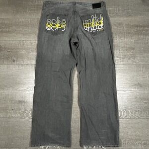 Ecko Unltd Baggy Fit Jeans 40x32 Gray Denim Embroidered Logo Y2K Streetwear